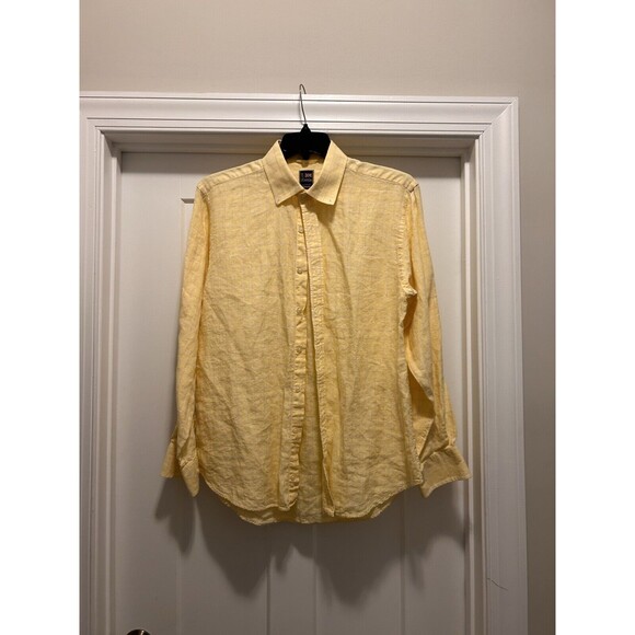 T Harris London Linen Yellow Plaid Button Down Casual Shirt Men’s Size Large - Picture 1 of 3